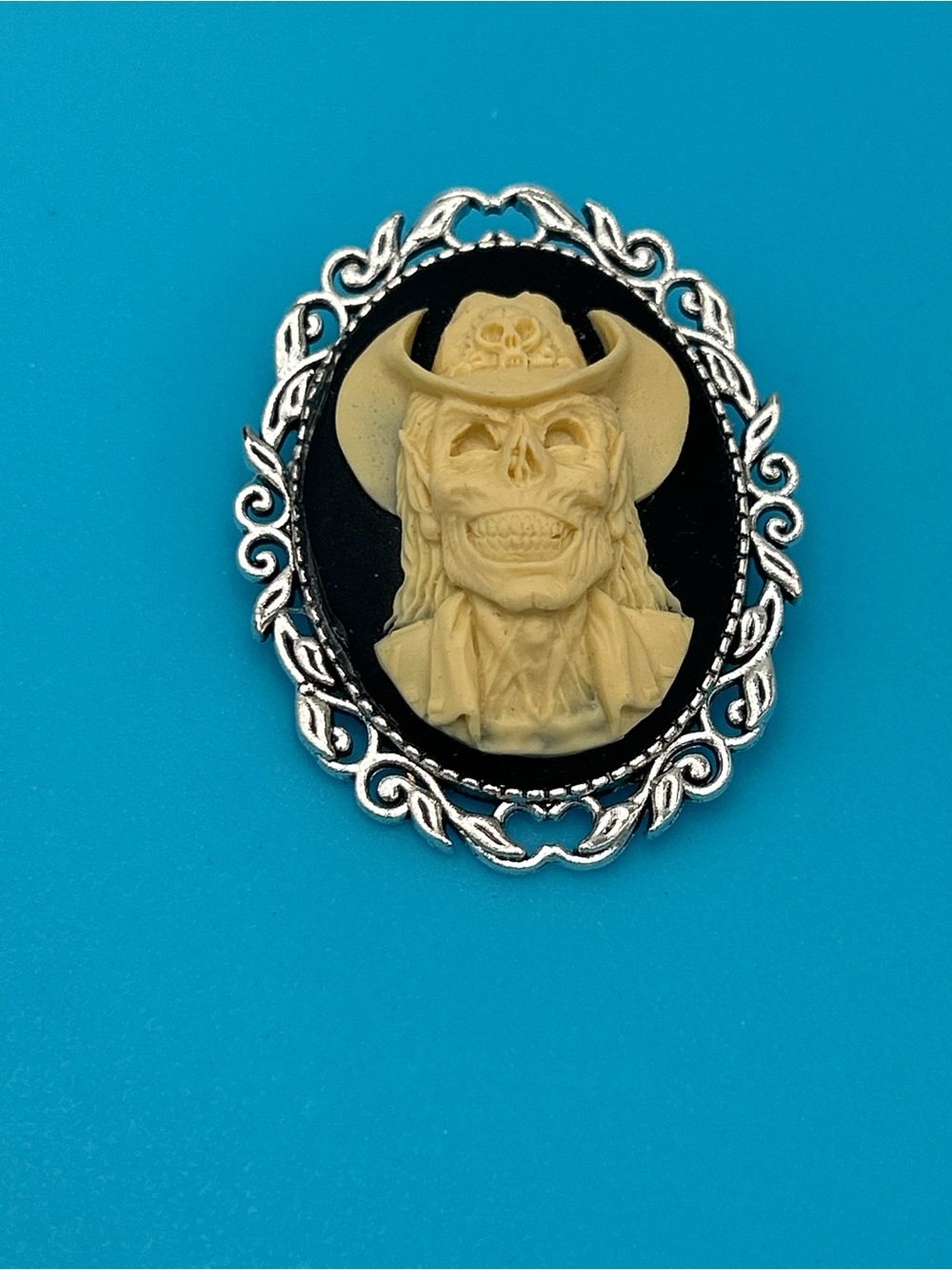Ivory Skull Cowboy Cameo Brooch - Men's Accessory
